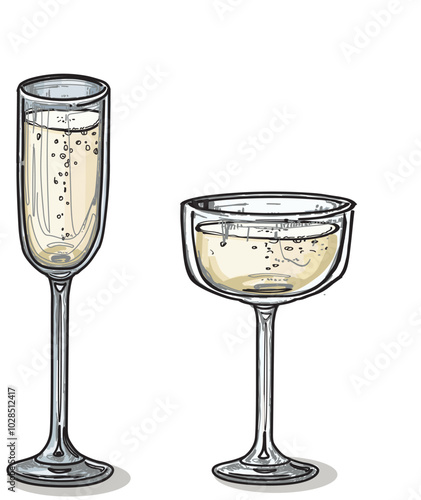 two different champagne glasses isolated on white background