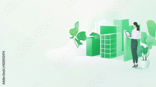 A modern professional stands with a tablet, surrounded by green buildings and plants, symbolizing sustainability and innovation in architecture.