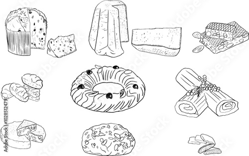 Retro vintage new year drawing set in doodle line art contemporary minimalist print style. Christmas Italian food. Hand drawn.