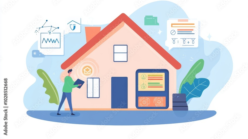 A modern house illustration with a person reviewing documents, symbolizing home management and property analysis. A modern house illustration with a person reviewing documents, symbolizing home management and property analysis.