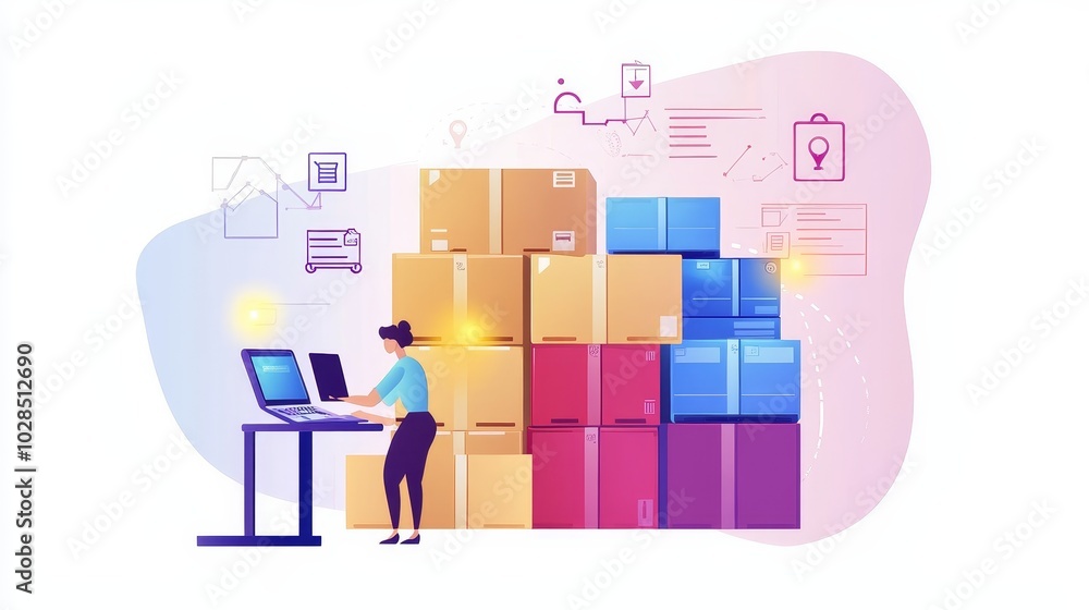 A woman working on a laptop amidst stacks of colorful boxes, symbolizing logistics and e-commerce operations. A woman working on a laptop amidst stacks of colorful boxes, symbolizing logistics and e-commerce operations.