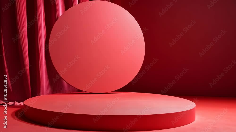 A large red circle sits on top of a smaller red circle, in front of a red curtain A large red circle sits on top of a smaller red circle, in front of a red curtain