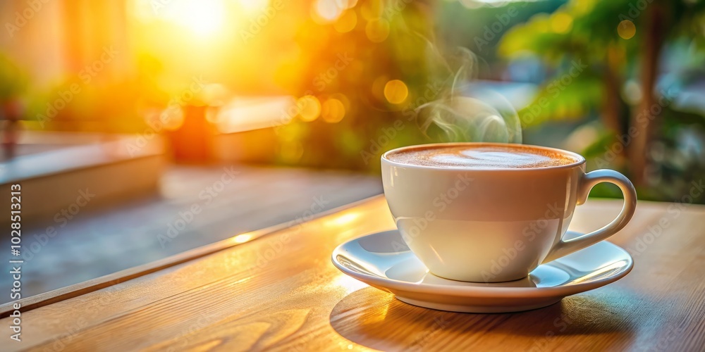 Obraz premium Serene Silhouette of a Warm Cappuccino Mug on a White Table for Relaxation and Comfort