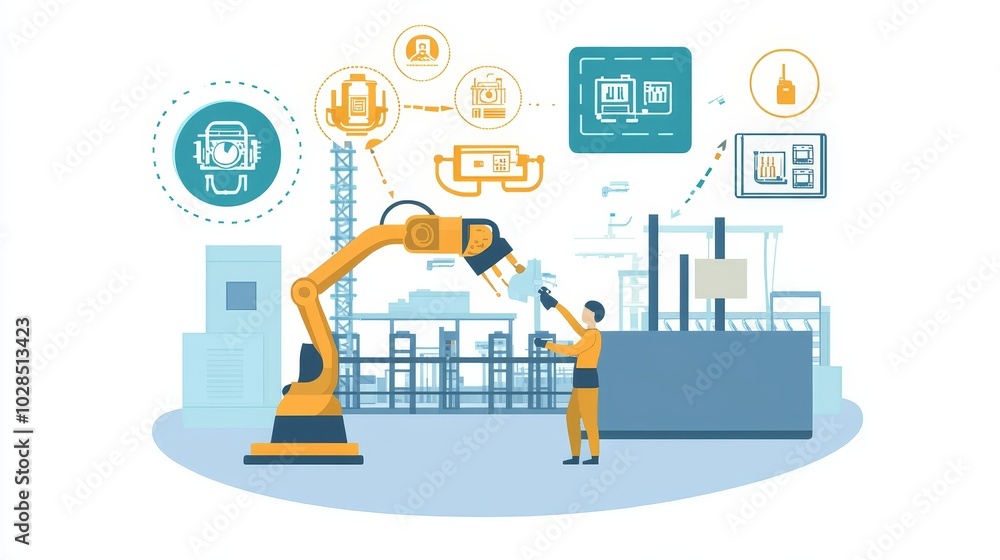 Industrial automation scene showcasing a robotic arm and factory worker in a modern manufacturing environment. Industrial automation scene showcasing a robotic arm and factory worker in a modern manufacturing environment.