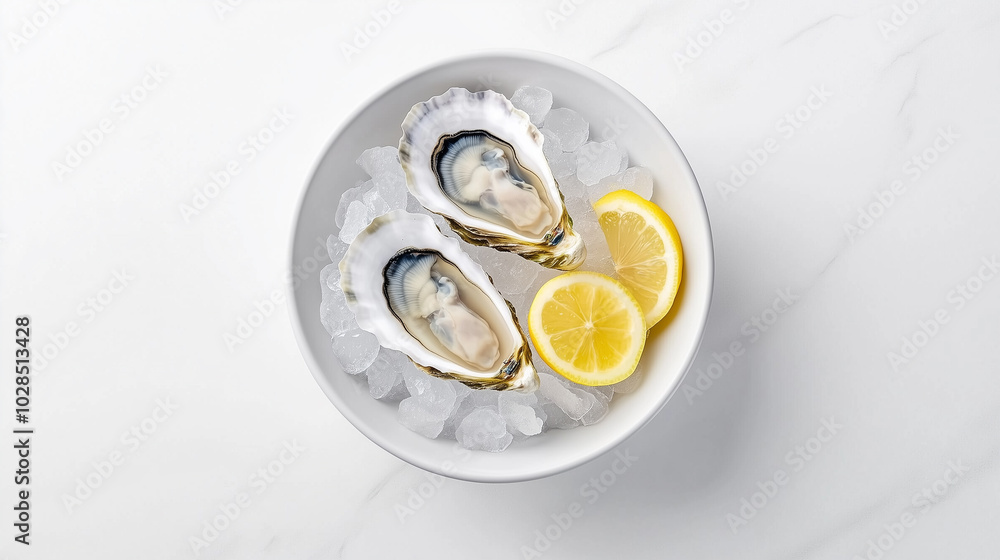 Two oysters and a lemon are in a bowl Two oysters and a lemon are in a bowl