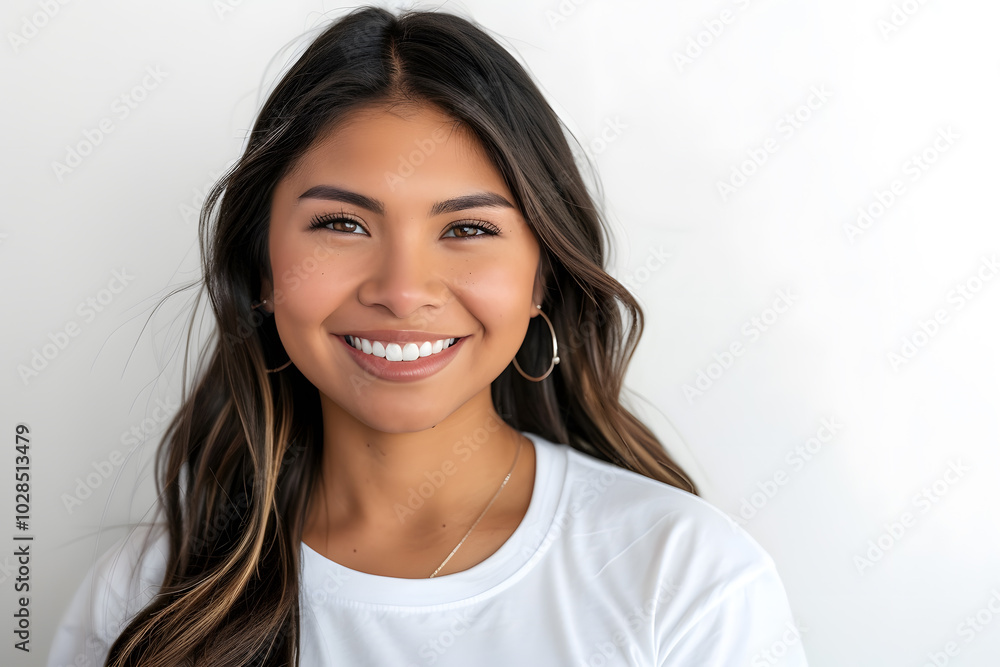 Portrait of native American smiling woman wearing white t-shirt isolated on white background Portrait of native American smiling woman wearing white t-shirt isolated on white background