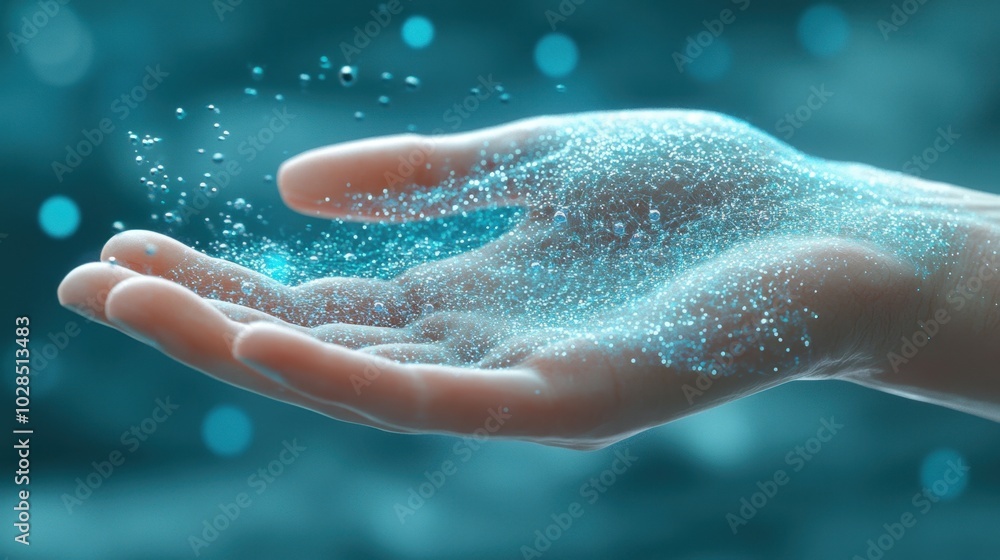 Hand covered with a nanoparticle structure symbolizing the biotechnology of the future