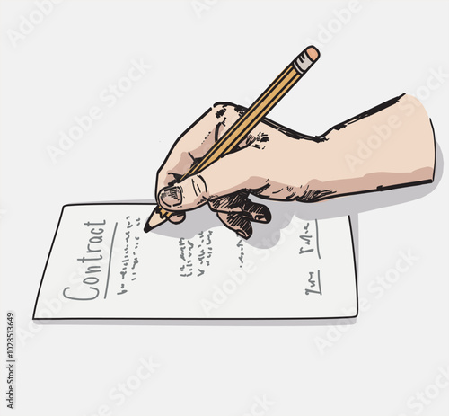 hand writing note on paper signing contract isolated illustration on white background