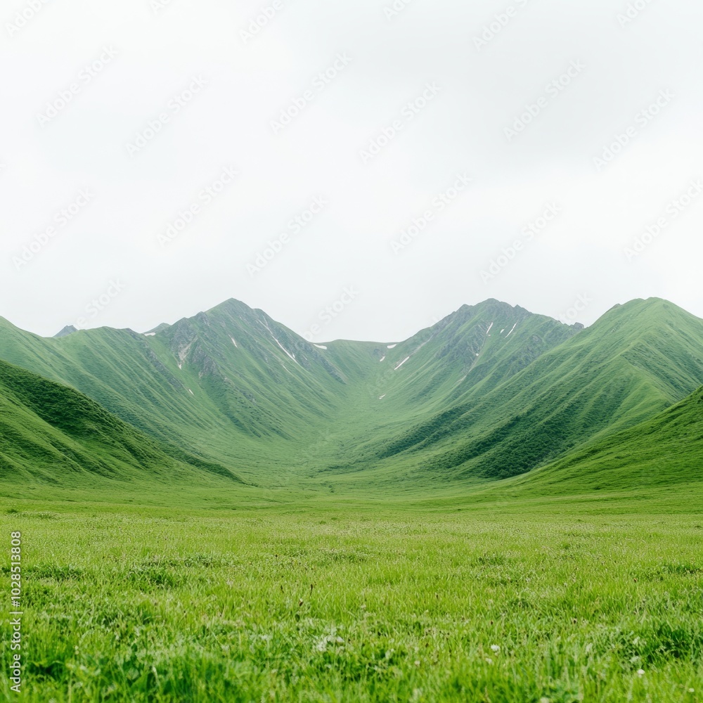 Lush green valley surrounded by mountains under a cloudy sky. Lush green valley surrounded by mountains under a cloudy sky.