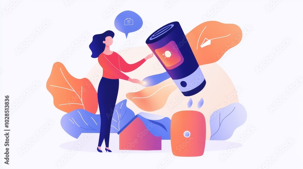 A woman interacting with a modern gadget among colorful nature elements, showcasing technology and lifestyle integration. A woman interacting with a modern gadget among colorful nature elements, showcasing technology and lifestyle integration.
