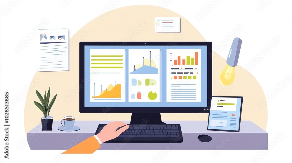 A workspace scene featuring a computer displaying data analysis with charts, a tablet, and a plant. A workspace scene featuring a computer displaying data analysis with charts, a tablet, and a plant.