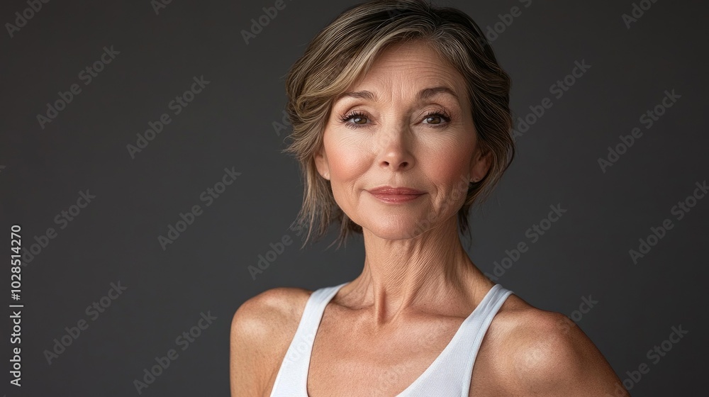 Beautiful older woman in white t-shirt female breast dark background Breast cancer support, prevention, mammography, screening, oncology, cancer treatment Beautiful older woman in white t-shirt female breast dark background Breast cancer support, prevention, mammography, screening, oncology, cancer treatment