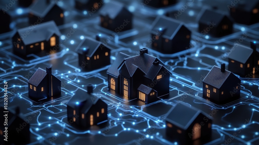 Houses on a digital electronic board symbolizing a modern smart city in a network of cyber connections Houses on a digital electronic board symbolizing a modern smart city in a network of cyber connections