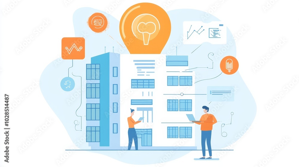 Illustration of a modern building with people discussing data analysis and technology concepts, showcasing digital transformation. Illustration of a modern building with people discussing data analysis and technology concepts, showcasing digital transformation.