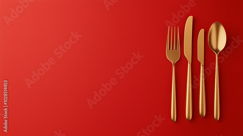 A close up of four pieces of goldware, including a fork, knife, and spoon photo