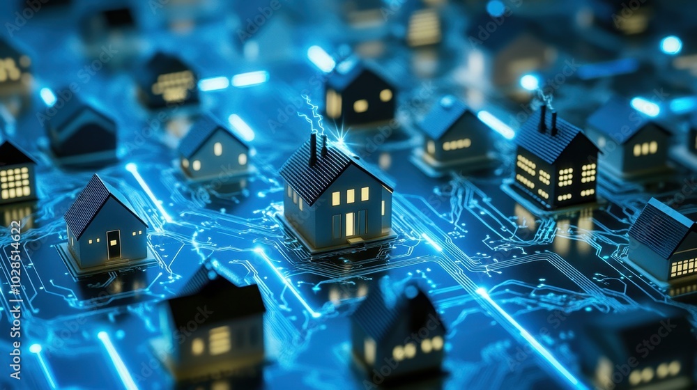 Houses on a digital electronic board symbolizing a modern smart city in a network of cyber connections Houses on a digital electronic board symbolizing a modern smart city in a network of cyber connections
