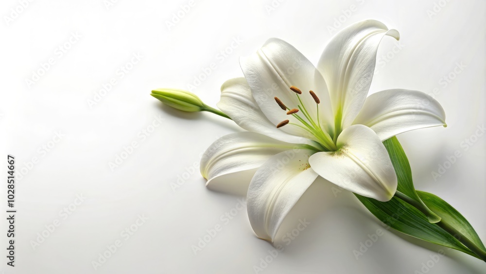 Pristine white lily set against a clean white background, creating a sophisticated floral arrangement perfect for enhancing home decor and stylish design aesthetics. Pristine white lily set against a clean white background, creating a sophisticated floral arrangement perfect for enhancing home decor and stylish design aesthetics.