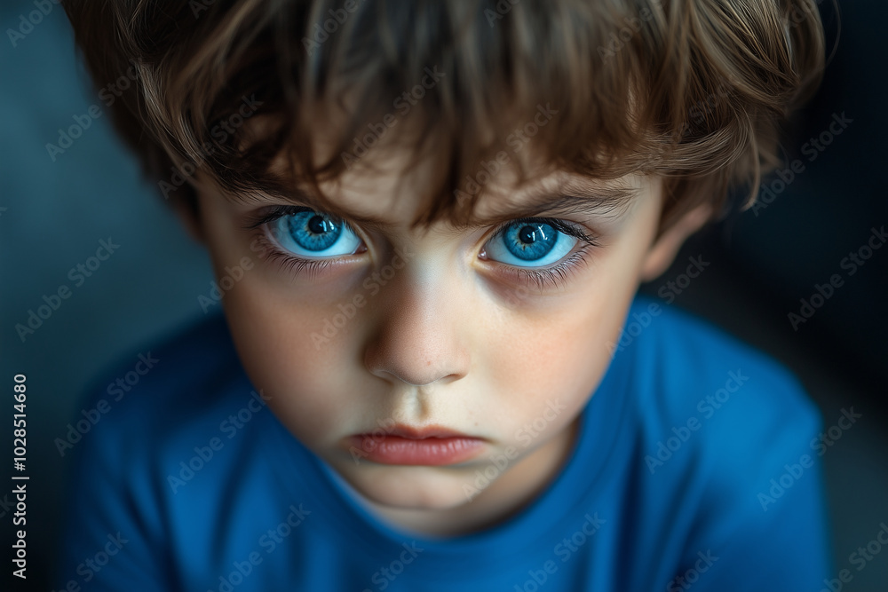 A photo of an angry little boy with brown hair and blue eyes, wearing a blue t-shirt. It is a close-up portrait with a shallow depth of field, focusing on the eye. The lighting is A photo of an angry little boy with brown hair and blue eyes, wearing a blue t-shirt. It is a close-up portrait with a shallow depth of field, focusing on the eye. The lighting is