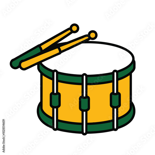 Yellow Snare Drum with Green-Gripped Drumsticks Illustration