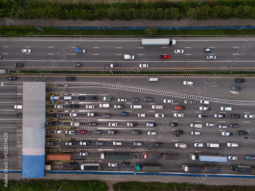 Aerial view gate for expressway fee payment in the city..