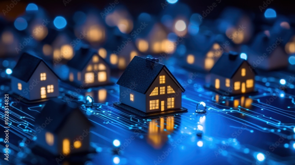 Houses on a digital electronic board symbolizing a modern smart city in a network of cyber connections