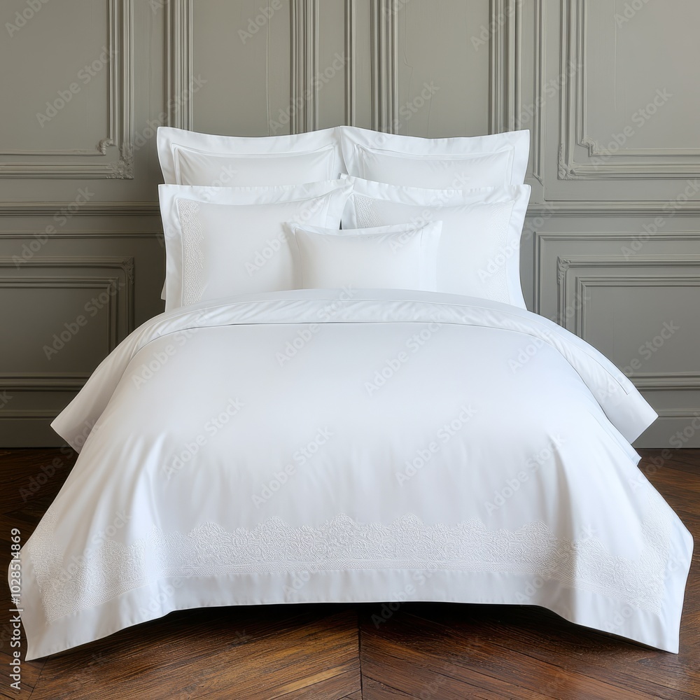 A neatly arranged white bedding set on a wooden floor against a textured wall. A neatly arranged white bedding set on a wooden floor against a textured wall.