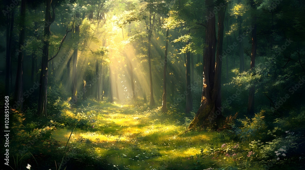 Fototapeta premium 114. A tranquil forest clearing illuminated by soft sunlight breaking through the leaves