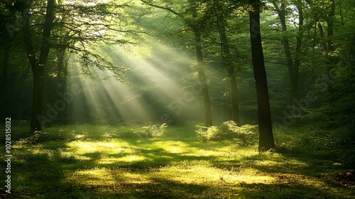 Fototapeta Naklejka Na Ścianę i Meble -  114. A tranquil forest clearing illuminated by soft sunlight breaking through the leaves
