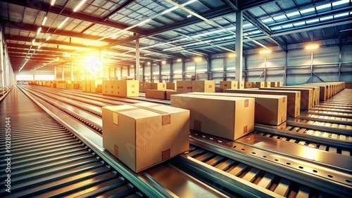 Retro-themed logistics hub featuring cardboard boxes on conveyor belts to enhance order processing efficiency and ensure speedy deliveries. Classic design meets modern functionality.