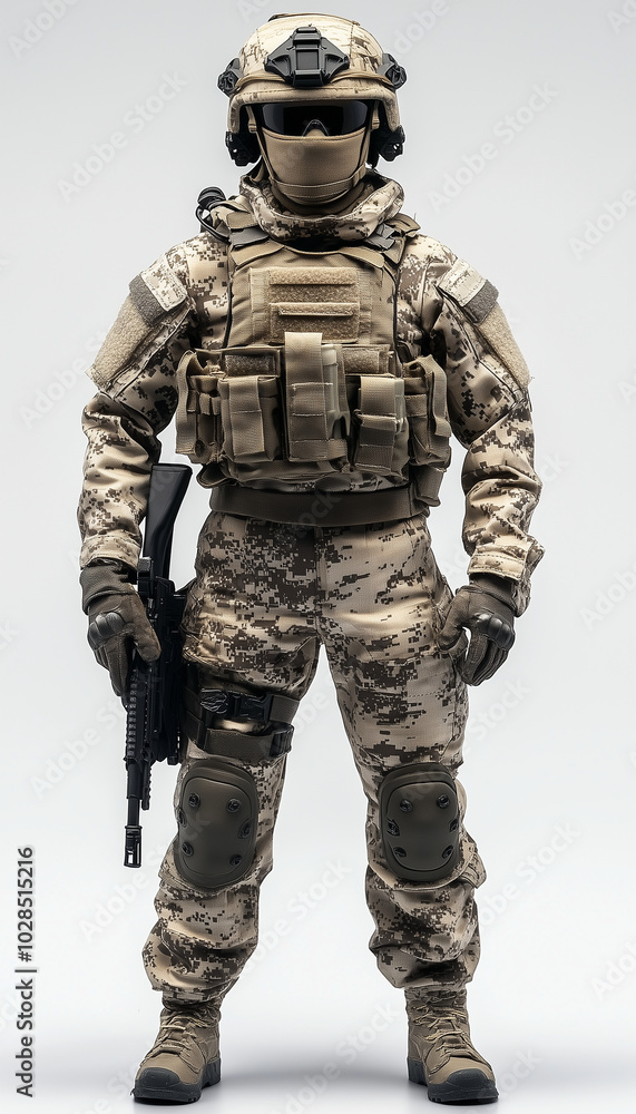 A full-body photograph of an armed soldier in camouflage gear, wearing a helmet and mask on their face, holding a weapon. The background is white. This is a full-length portrait fo A full-body photograph of an armed soldier in camouflage gear, wearing a helmet and mask on their face, holding a weapon. The background is white. This is a full-length portrait fo