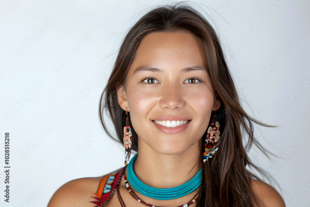 Portrait of native American smiling woman wearing traditional Indian jewelry isolated on white background Portrait of native American smiling woman wearing traditional Indian jewelry isolated on white background