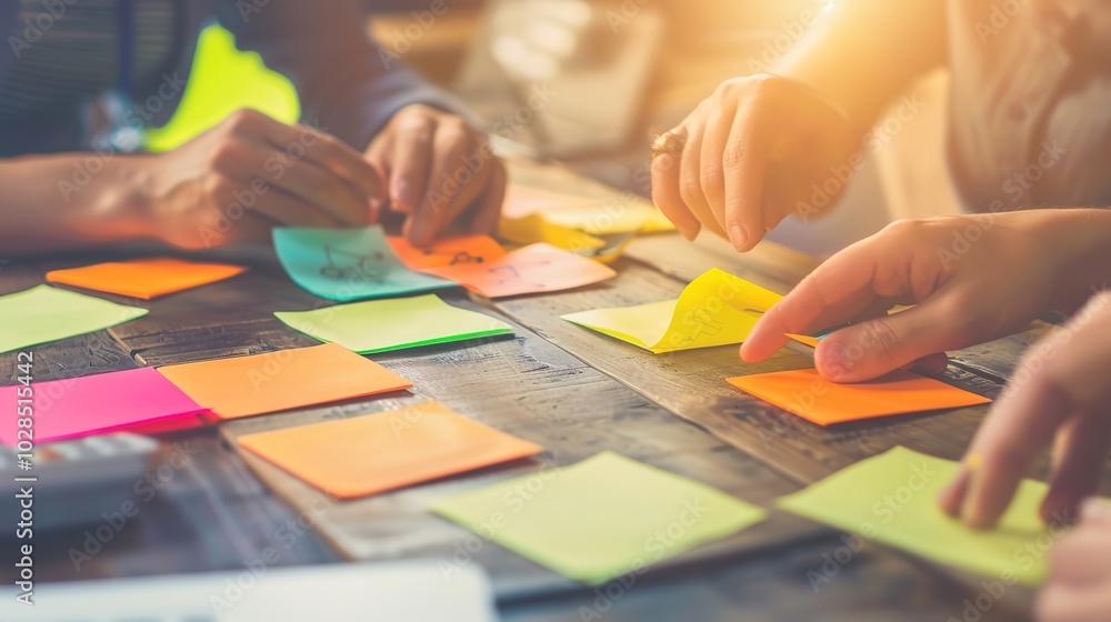 Collaborative Team Hands Working with Sticky Notes on Wooden Table, Illustrating a Creative Meeting Concept with Blurred Background Collaborative Team Hands Working with Sticky Notes on Wooden Table, Illustrating a Creative Meeting Concept with Blurred Background