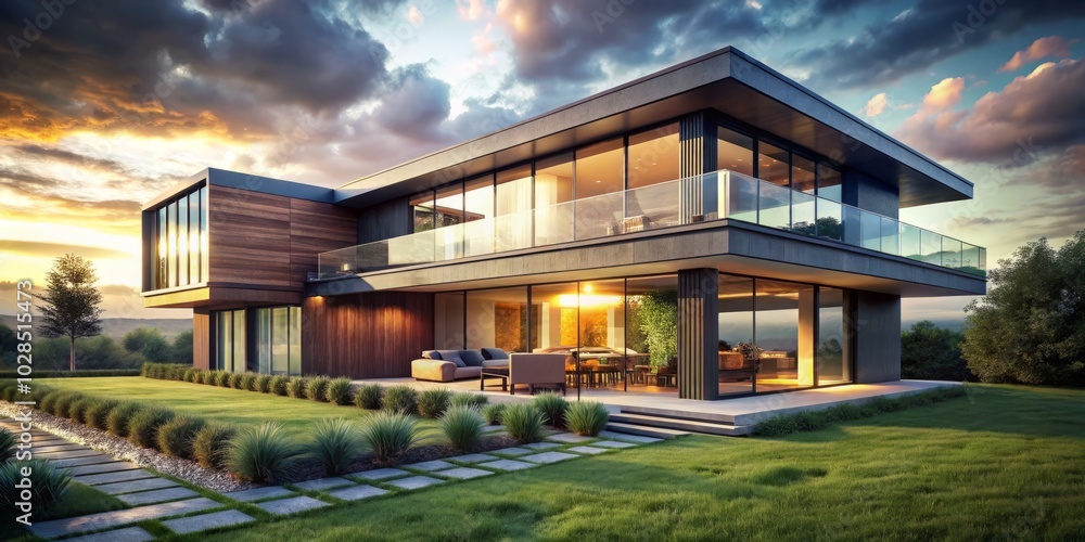 Fototapeta premium Stunning Double Exposure of a Modern House Surrounded by Lush Green Grass, Blending Nature with Contemporary Architecture for a Serene Outdoor Living Experience