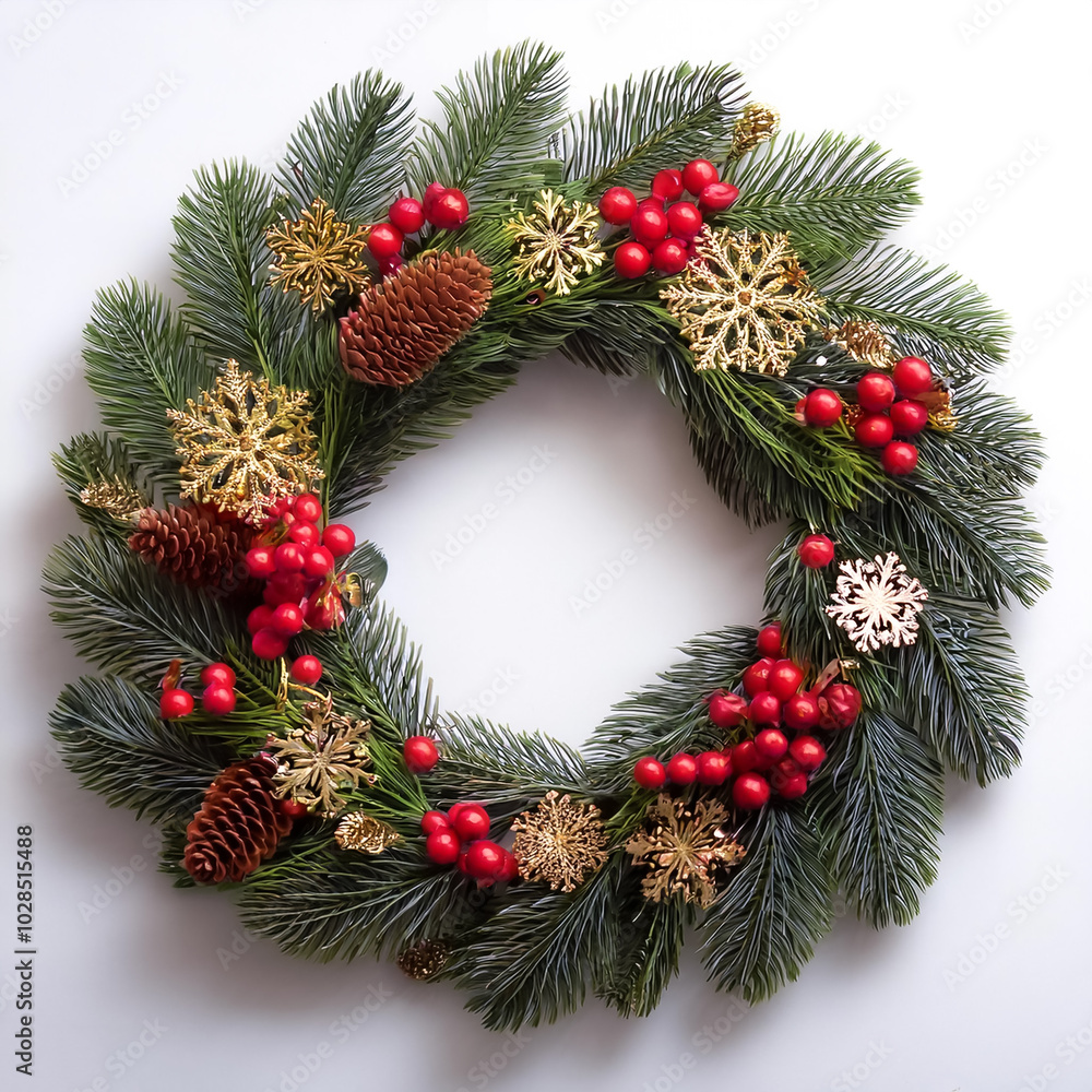 Festive Christmas wreath. Round frame made of conifer branches decorated with cones, artificial red berries and decorative gold snowflakes. Wreath isolated on white background Festive Christmas wreath. Round frame made of conifer branches decorated with cones, artificial red berries and decorative gold snowflakes. Wreath isolated on white background
