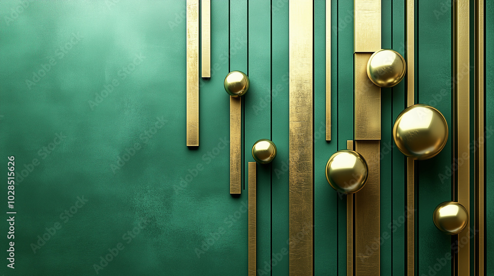 Obraz premium 3D render of vertical lines and spheres on a green background, a minimalistic design with brass accents, geometric shapes, and metal elements, with a metallic finish in an industri