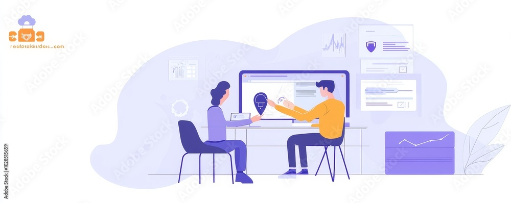 Two professionals collaborating on a project with a laptop and charts in a modern workspace setting. Two professionals collaborating on a project with a laptop and charts in a modern workspace setting.