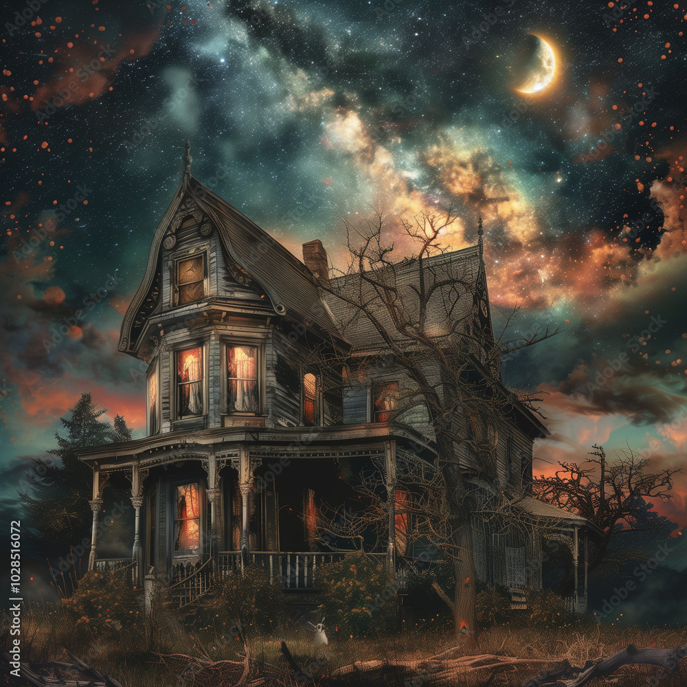 Spooky Haunted House with CrumblingFacade, Creepy Windows, and Witch's Broomstick on Roof, Set Under a Moonlit Sky with Crescent Moon and Stars. An Iconic Halloween Scene. Spooky Haunted House with CrumblingFacade, Creepy Windows, and Witch's Broomstick on Roof, Set Under a Moonlit Sky with Crescent Moon and Stars. An Iconic Halloween Scene.