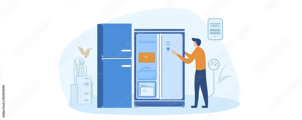 A person opens a modern refrigerator, illustrating kitchen storage and food organization in a bright, minimalist style. A person opens a modern refrigerator, illustrating kitchen storage and food organization in a bright, minimalist style.