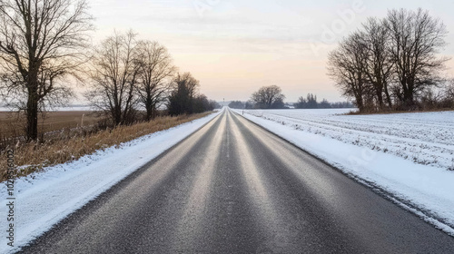 Winter Road with Snow-Dusted Fields and Barren Trees