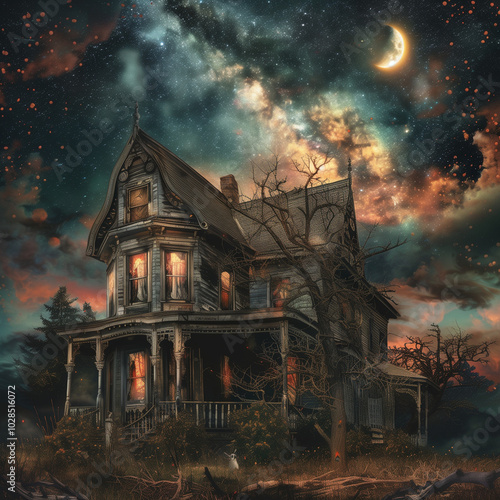 Spooky Haunted House with CrumblingFacade, Creepy Windows, and Witch's Broomstick on Roof, Set Under a Moonlit Sky with Crescent Moon and Stars. An Iconic Halloween Scene.