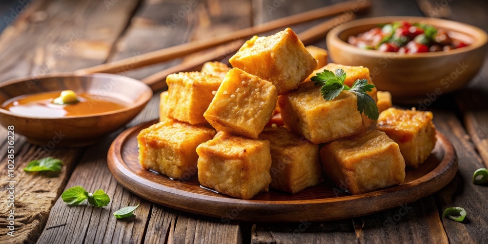 Savor the crispy fried bean curd displayed beautifully on a rustic wooden table, captured in stunning macro photography that highlights its delightful texture and appetizing color. Savor the crispy fried bean curd displayed beautifully on a rustic wooden table, captured in stunning macro photography that highlights its delightful texture and appetizing color.