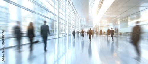 Business personnel in a contemporary white glass office shown in motion, focusing on style.