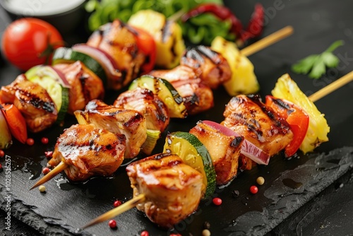 Grilled Chicken Skewers with Fresh Vegetables and Pineapple Chunks