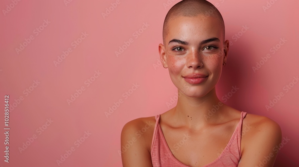 Young woman with shaved head and freckles smiling confidently in front of a pink background. Young woman with shaved head and freckles smiling confidently in front of a pink background.