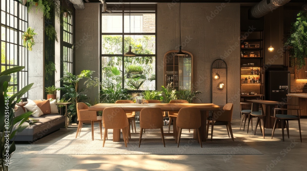 A modern dining area with a wooden table and chairs, surrounded by greenery and natural light. A modern dining area with a wooden table and chairs, surrounded by greenery and natural light.