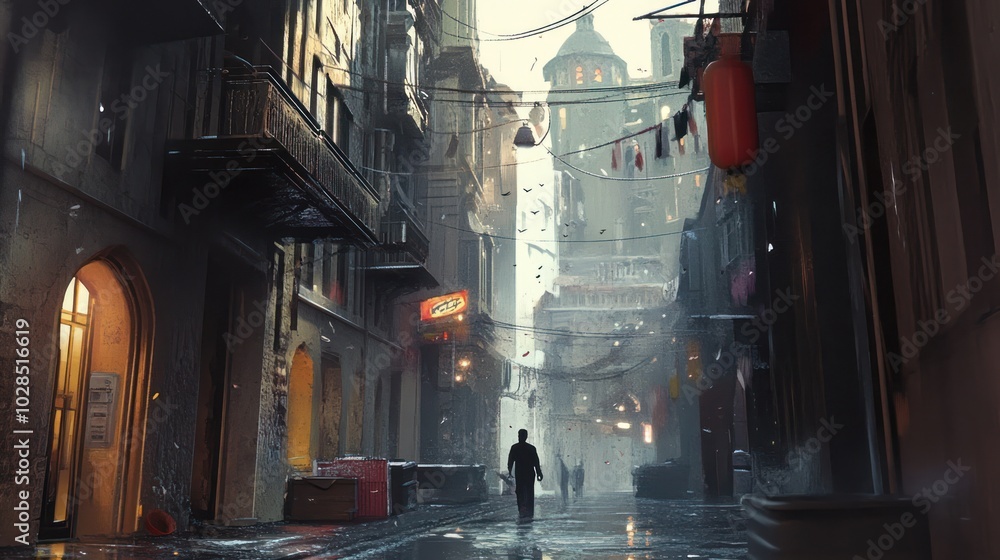 Fototapeta premium A solitary figure walks down a narrow, dimly lit alleyway in a city.