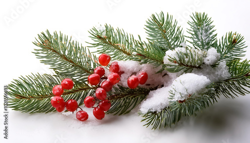 Fir branch, with branches of red berries and snow, isolated on white background