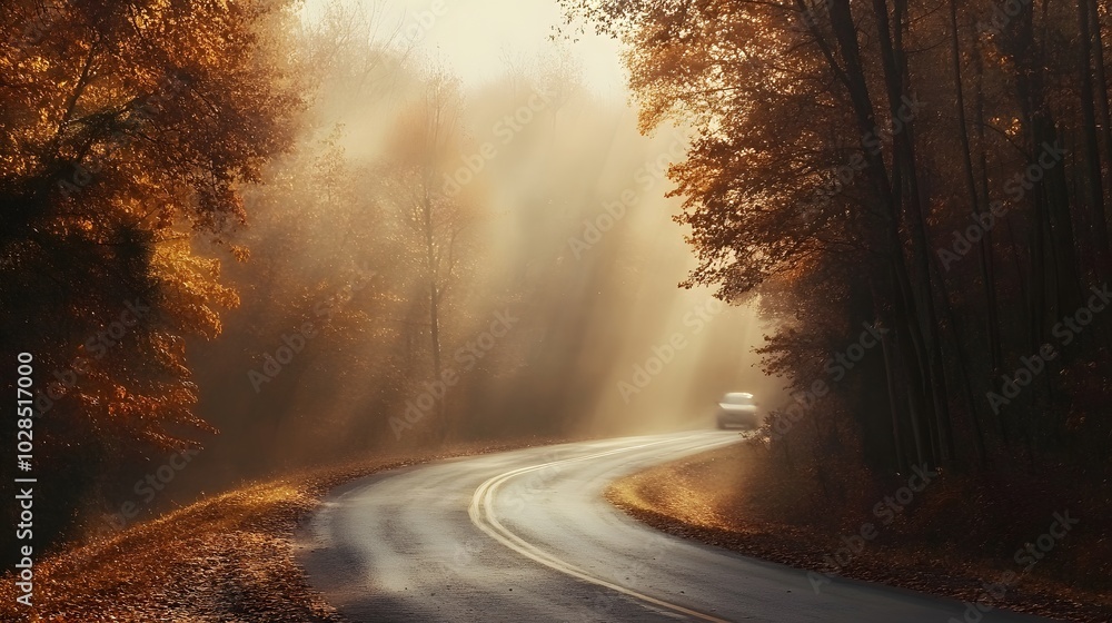 An empty, winding road winds through the woods on an autumn morning, shrouded in fog. The trees are adorned with leaves in various shades of orange and brown. An empty, winding road winds through the woods on an autumn morning, shrouded in fog. The trees are adorned with leaves in various shades of orange and brown.
