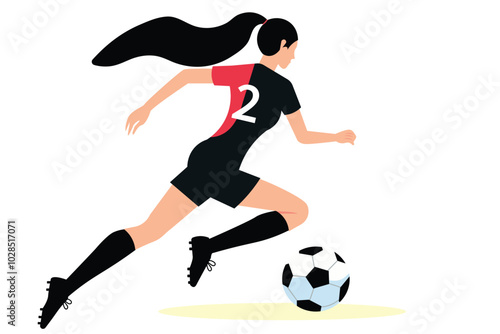 a flat vector female football soccer player athlete dribbling the ball. back view. theme of sport, football, women. vector flat illustration
 photo