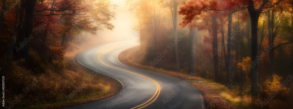 An empty, winding road winds through the woods on an autumn morning, shrouded in fog. The trees are adorned with leaves in various shades of orange and brown. An empty, winding road winds through the woods on an autumn morning, shrouded in fog. The trees are adorned with leaves in various shades of orange and brown.